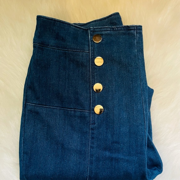 NEW FALL TRENDY DARK BLUE WASH DENIM HIGH WAIST WOMEN JEANS GOLD BUTTON DETAILS - Picture 11 of 12
